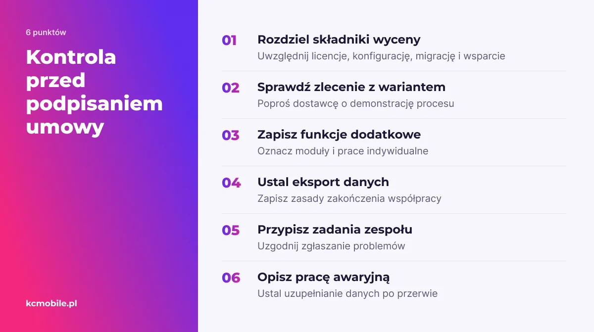 Lista porządkuje ustalenia do sprawdzenia przed umową, od składowych wyceny po zadania zespołu i procedurę pracy awaryjnej.