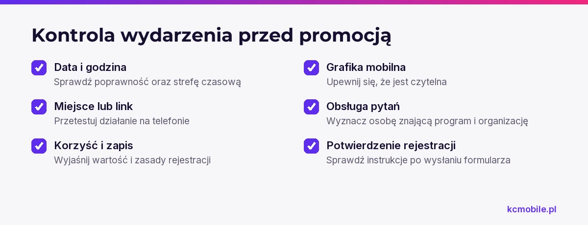 Lista kontrolna pomaga sprawdzić informacje, zapis, grafikę i obsługę wydarzenia przed rozpoczęciem jego promocji.