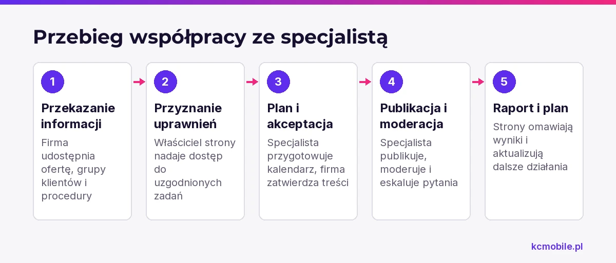 Schemat pokazuje kolejność współpracy od przekazania informacji i nadania dostępu po publikacje, moderację oraz omówienie raportu.