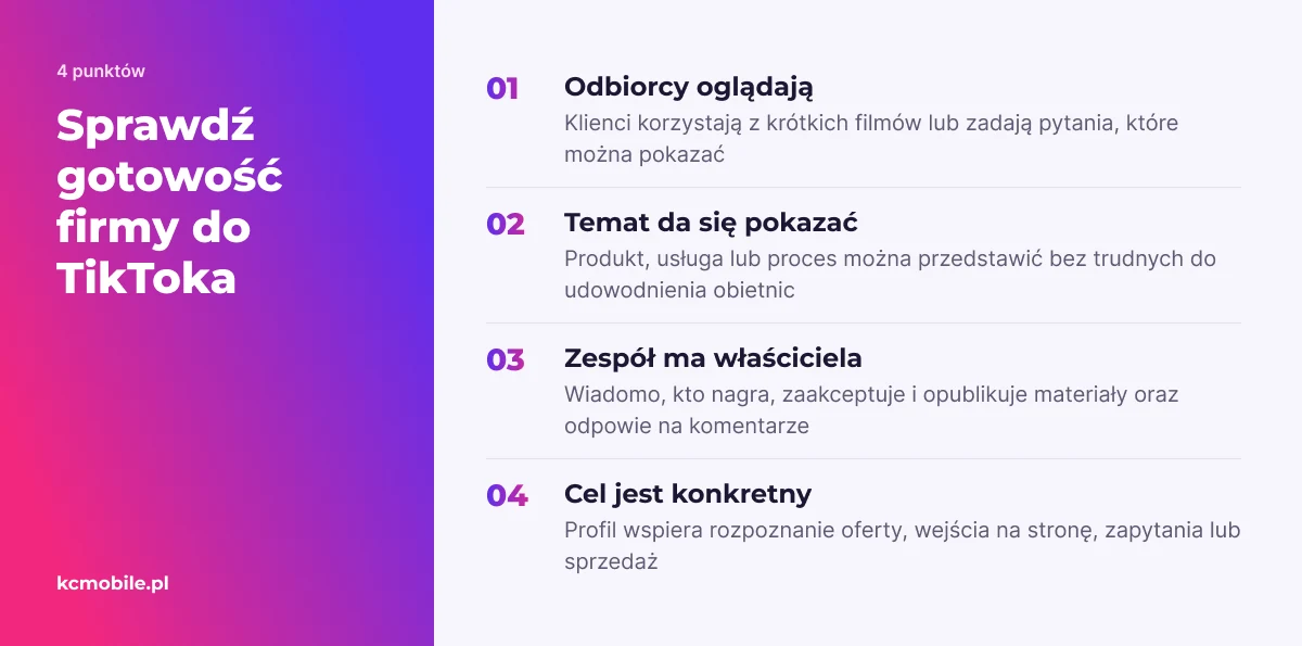 Lista pomaga ocenić, czy odbiorcy, treści, zasoby zespołu i cel biznesowy uzasadniają prowadzenie firmowego TikToka.