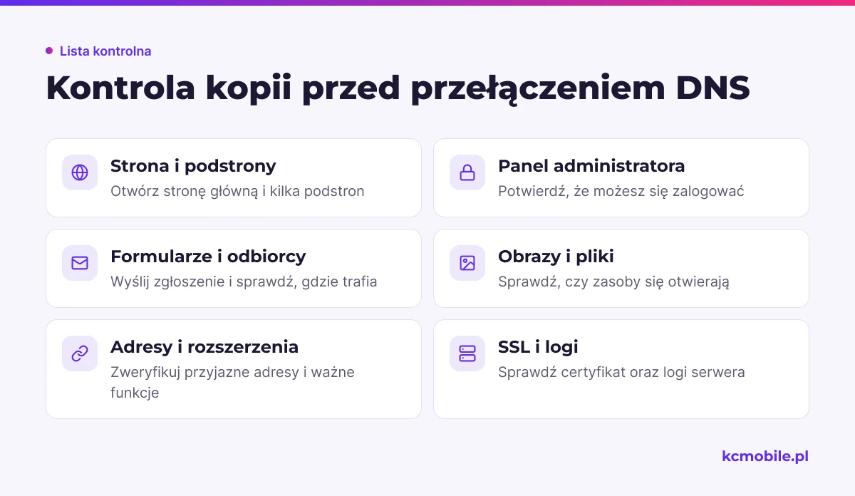 Lista kontroli pomaga sprawdzić działanie nowej kopii Joomla przed zmianą DNS, aby wykryć błędy przed skierowaniem ruchu.
