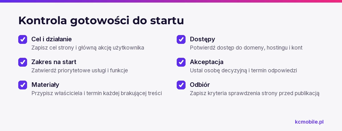Lista kontrolna sprawdza, czy firma ma ustalony cel, zakres, materiały, dostępy, osobę zatwierdzającą i kryteria odbioru przed startem projektu.