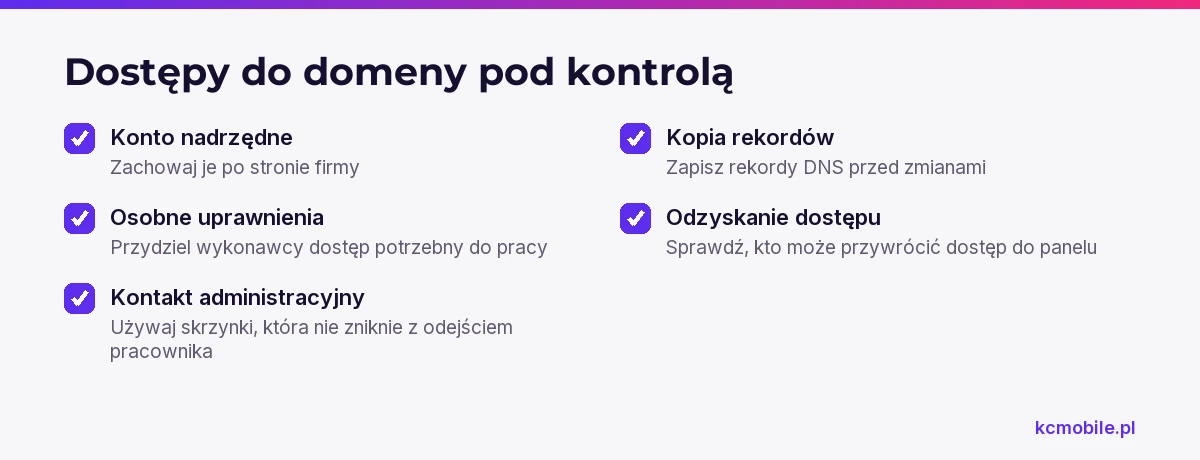 Lista przypomina, które dostępy i dane domeny zabezpieczyć, aby firma mogła zarządzać DNS i odzyskać kontrolę nad kontem.