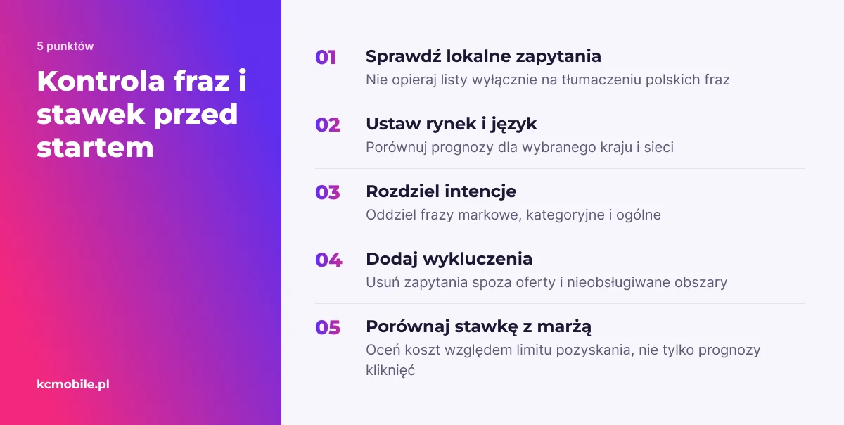 Lista porządkuje dobór lokalnych fraz, wykluczeń i stawek, aby kampania odpowiadała intencji klienta oraz ekonomice rynku.