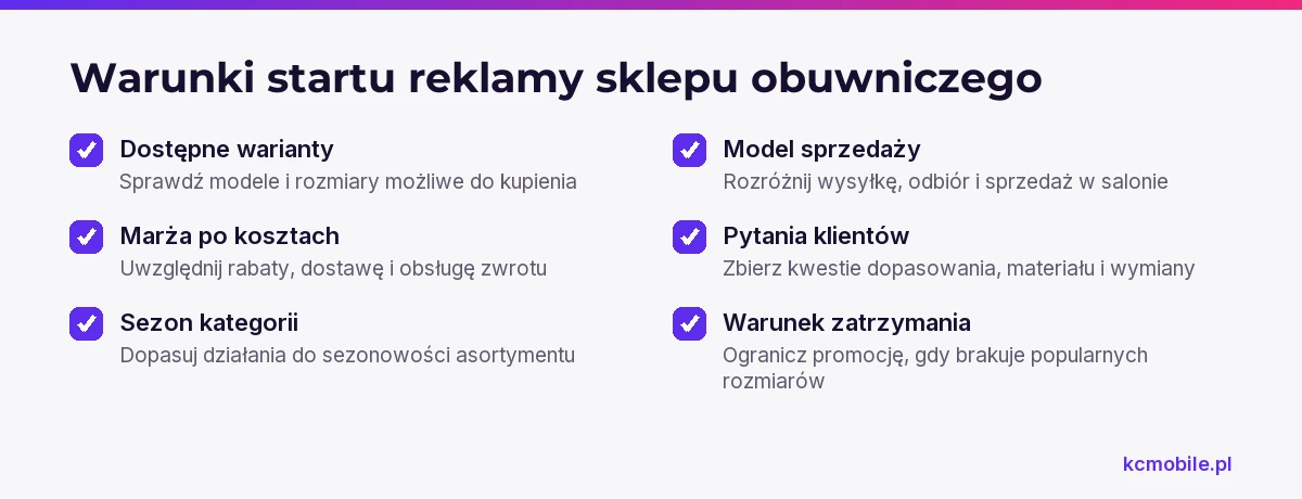 Lista kontrolna łączy dostępność rozmiarów, marżę, sezon i model sprzedaży z decyzją, czy sklep jest gotowy promować ofertę.