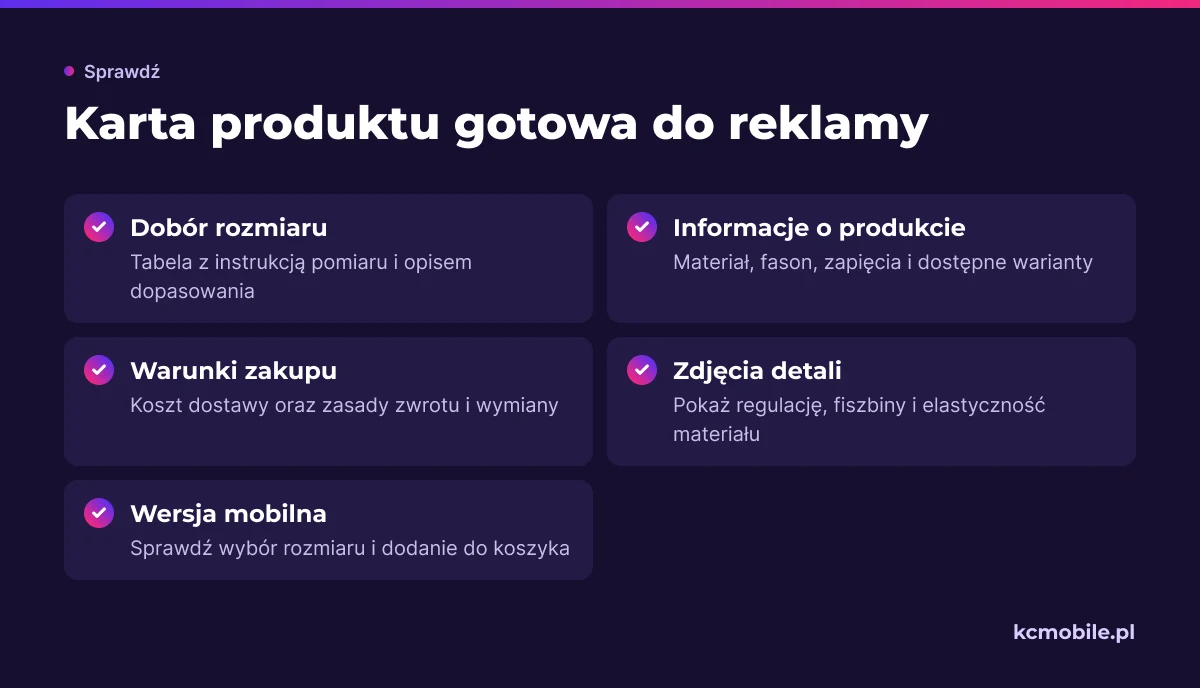 Lista pokazuje, jakie informacje i elementy sprawdzić na karcie produktu, aby klientka mogła ocenić bieliznę i przejść do zakupu.