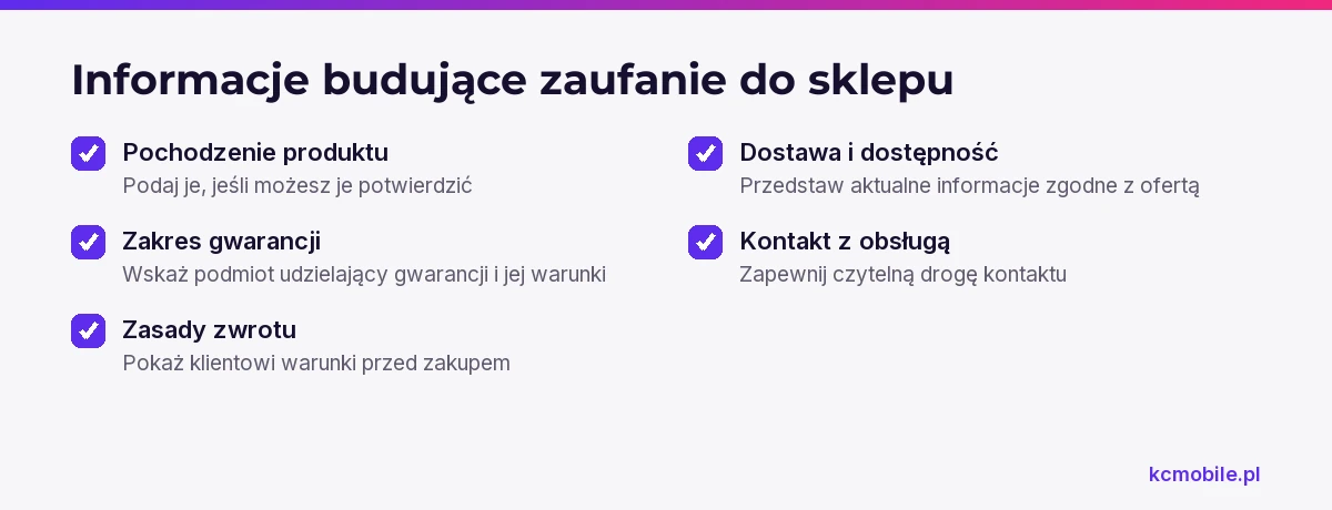 Lista zbiera informacje, które pomagają klientowi zweryfikować ofertę zegarka i ocenić zasady obsługi przed zakupem.