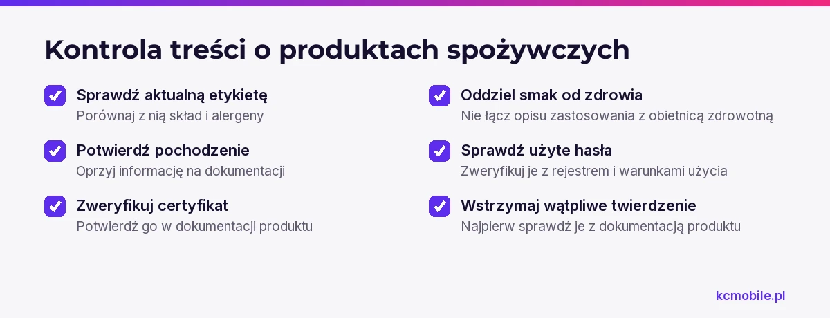 Lista prowadzi przez kontrolę etykiety, pochodzenia, certyfikatu i twierdzeń, by przygotować wiarygodny opis produktu.