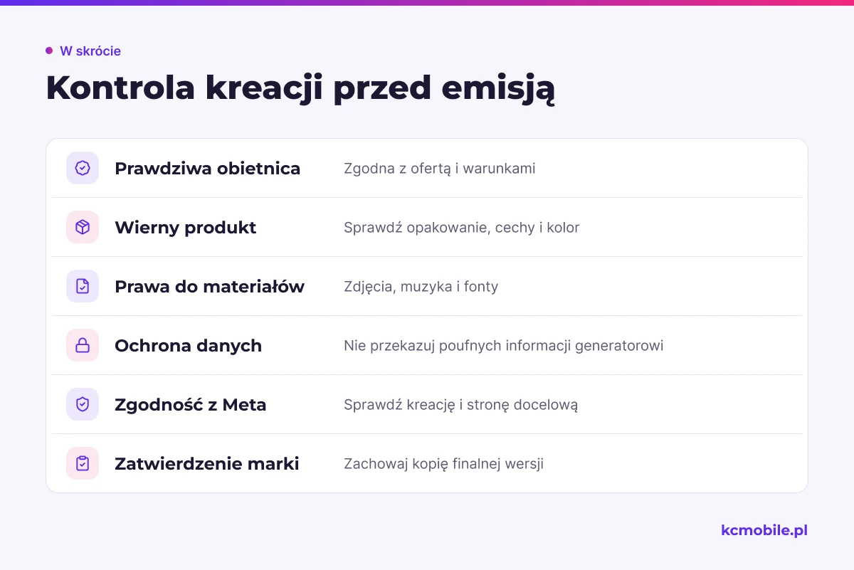 Lista przypomina, co zweryfikować w tekście, obrazie i prawach do materiałów, aby zatwierdzić reklamę przed emisją.