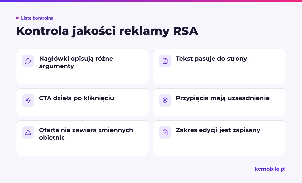 Lista kontroli przed publikacją RSA pomaga sprawdzić spójność komponentów, strony docelowej i obietnic reklamowych.