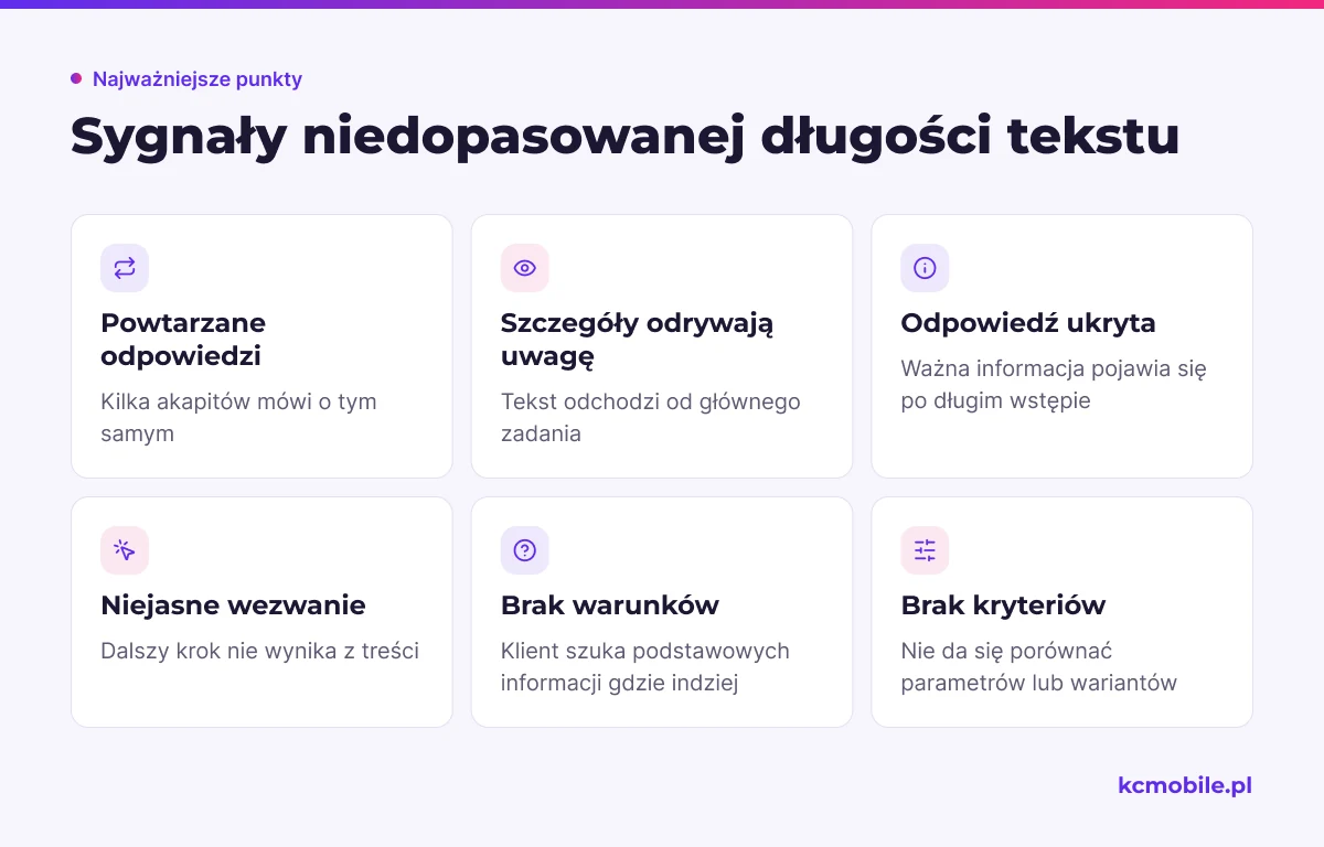 Lista pomaga rozpoznać, czy tekst utrudnia znalezienie odpowiedzi przez nadmiar, czy nie zawiera informacji potrzebnych do decyzji.