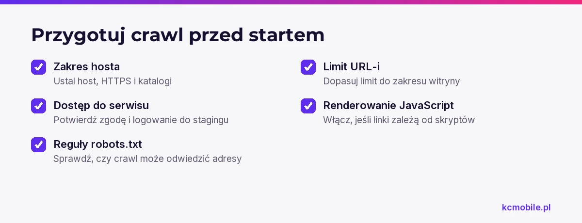 Lista przygotowań do crawla pomaga ustalić zakres witryny, dostęp, reguły, limit adresów i potrzebę renderowania.
