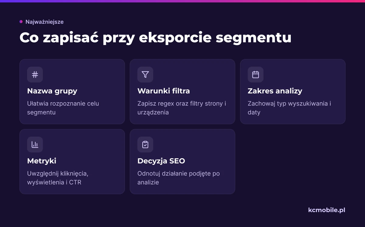 Lista kontrolna pokazuje, jakie warunki, metryki i decyzje zachować przy eksporcie, aby odtworzyć segment i porównać analizę.