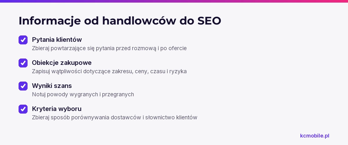 Lista porządkuje informacje z rozmów handlowych, które marketing i SEO mogą zamienić w poradniki, porównania lub treści usług.