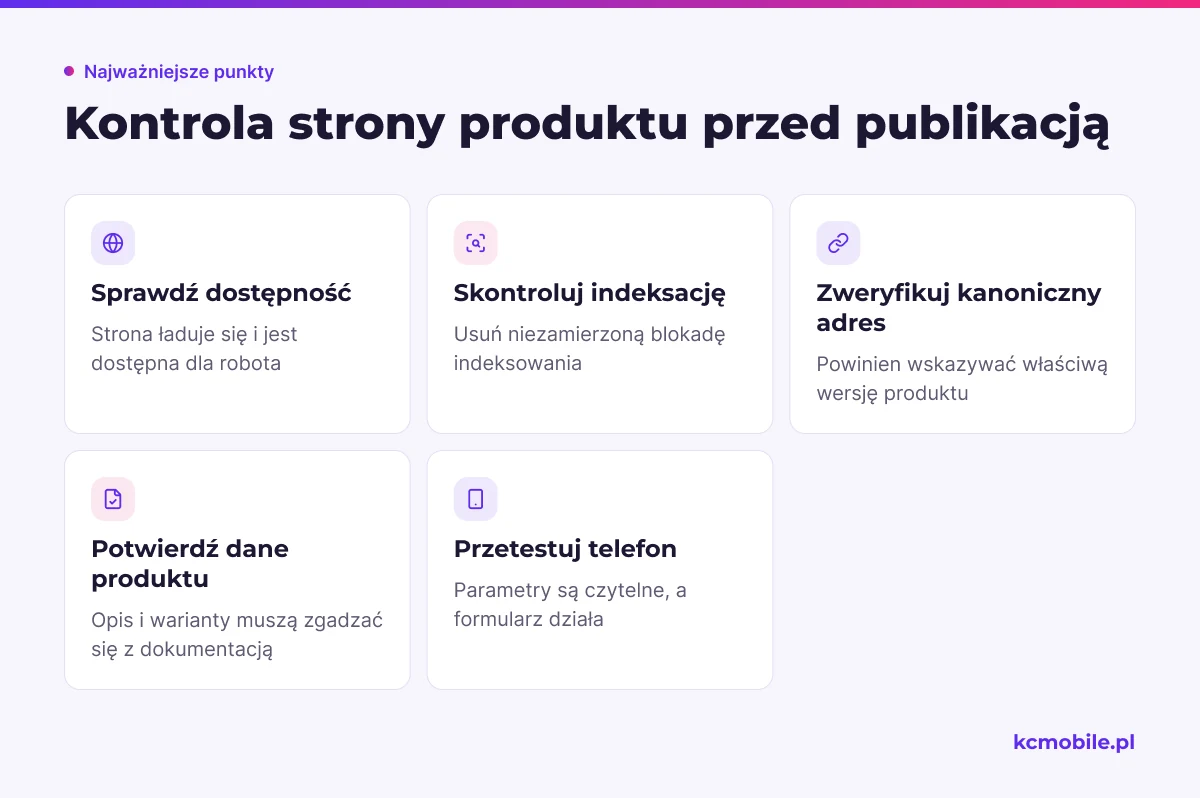 Lista obejmuje kontrole techniczne, zgodność danych produktu i formularz na telefonie, które warto wykonać przed publikacją strony.
