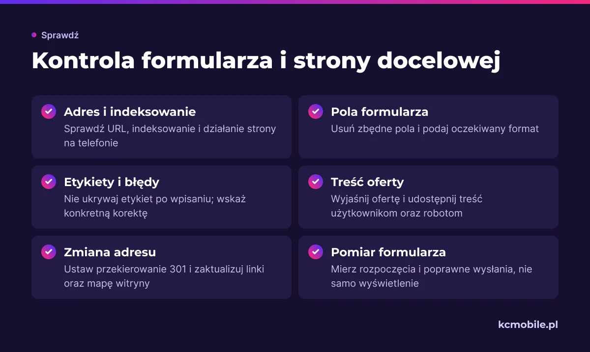 Lista kontrolna pomaga sprawdzić formularz i stronę docelową przed wdrożeniem, zachować dostęp do treści oraz poprawnie mierzyć wysłania.