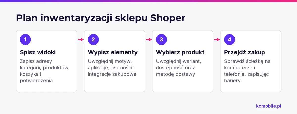 Schemat porządkuje inwentaryzację widoków i elementów sklepu, a potem przejście przykładowego zakupu w celu znalezienia barier.