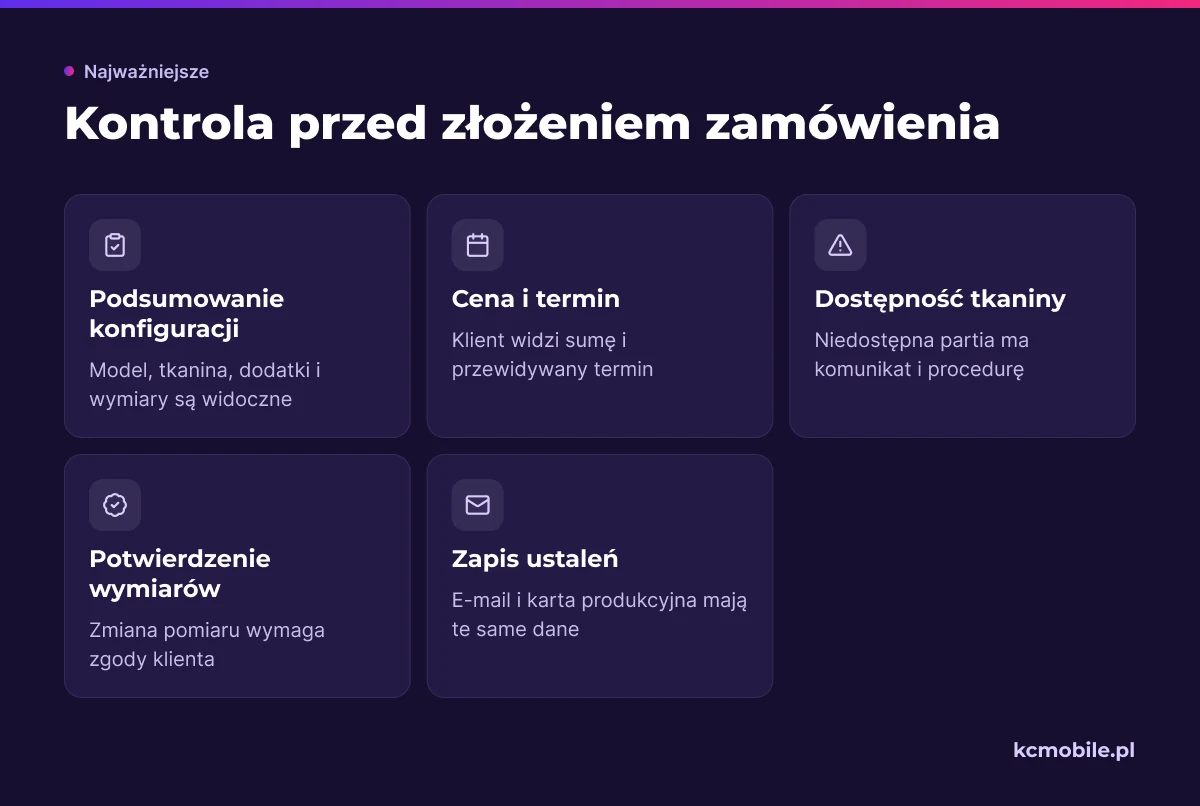 Lista kontrolna przypomina, jakie informacje i potwierdzenia ograniczają pomyłki oraz pytania przed zakupem garnituru.