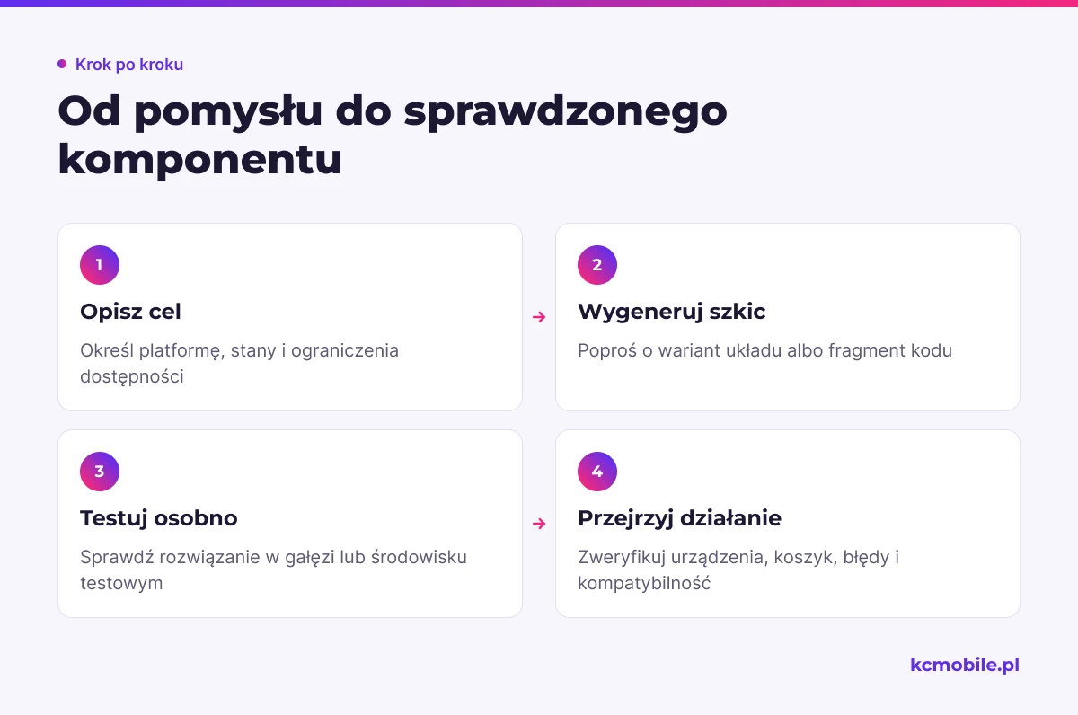 Schemat pokazuje drogę od opisu komponentu przez szkic AI i testy do przeglądu przed wdrożeniem, aby ograniczyć błędy w sklepie.