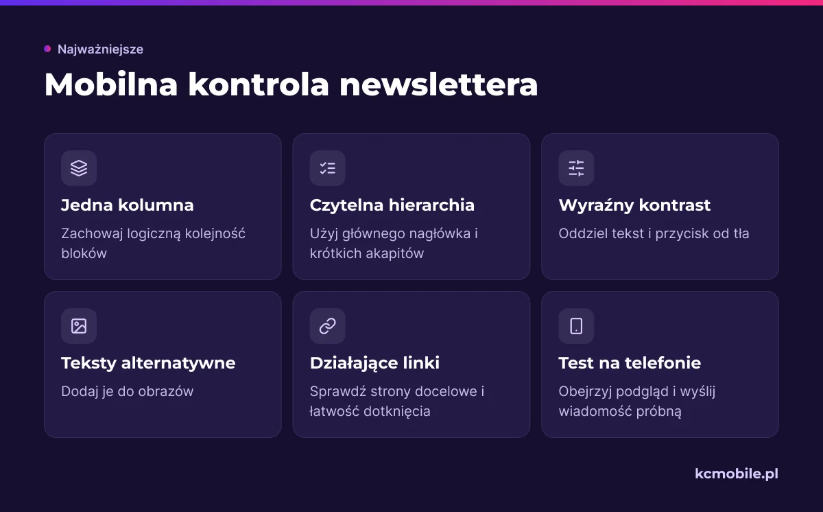 Lista kontrolna pomaga sprawdzić układ, czytelność, obrazy i linki newslettera na telefonie przed wysyłką.
