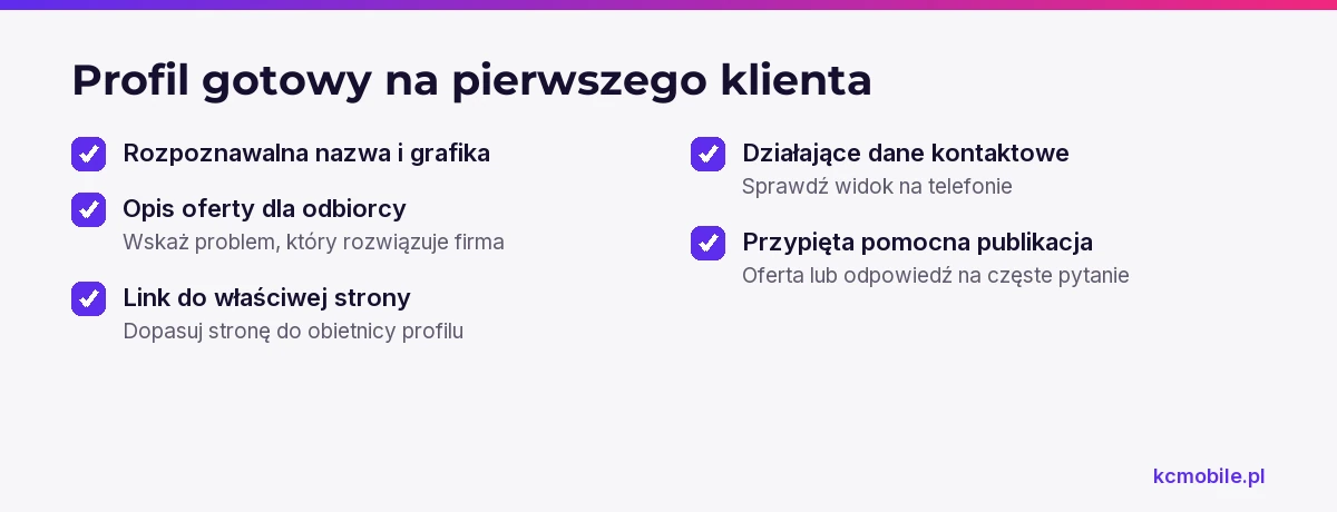 Lista kontroli profilu firmowego pokazuje, jakie informacje i elementy kontaktu sprawdzić, by nowy klient wiedział, jak działać.