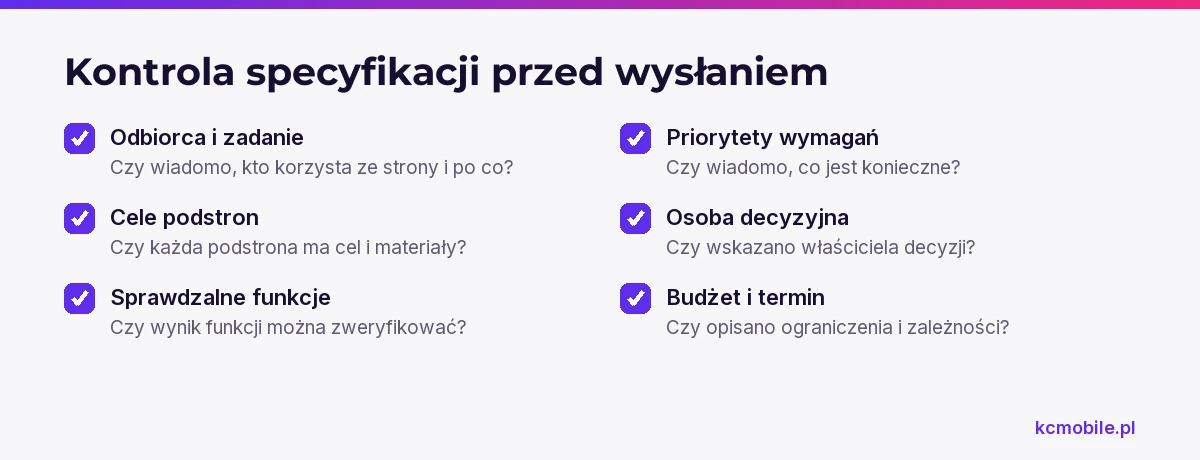 Lista kontrolna pomaga wychwycić braki w celu, podstronach, funkcjach i ustaleniach przed przekazaniem specyfikacji wykonawcy.