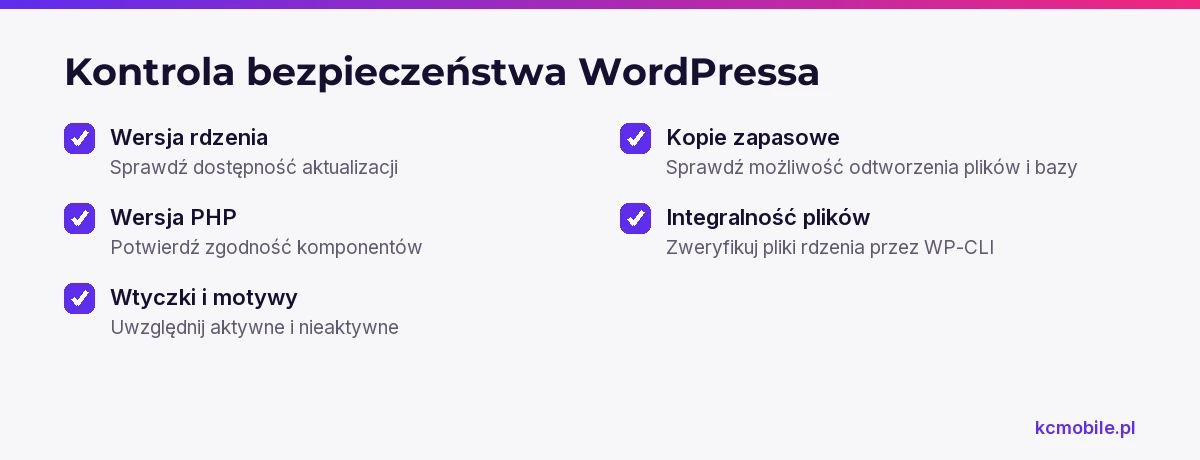 Lista zbiera obszary do sprawdzenia poza numerem WordPressa, by ocena bezpieczeństwa uwzględniała także pozostałe komponenty.