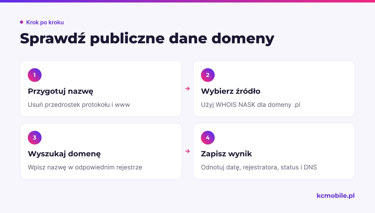 Schemat pokazuje kolejne czynności sprawdzenia publicznych danych domeny i zapisania wyniku, który pomaga ocenić rekord rejestracyjny.