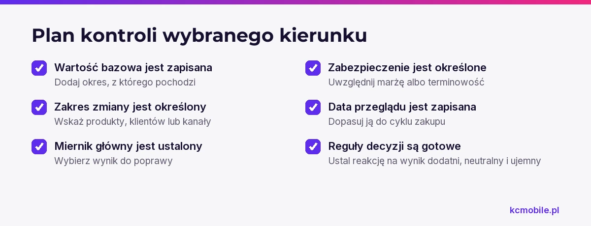 Lista kontrolna pomaga przygotować porównywalny pomiar, zabezpieczyć marżę lub terminowość i ustalić decyzje po przeglądzie.