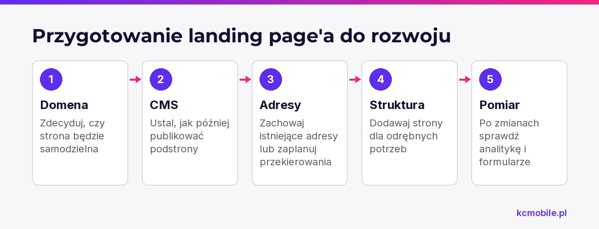 Schemat porządkuje przygotowanie landing page'a do rozbudowy, od wyboru domeny i CMS po sprawdzenie adresów, analityki i formularzy.