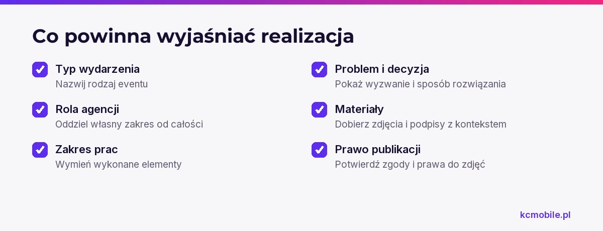 Lista pomaga sprawdzić, czy opis realizacji pokazuje dopasowanie agencji, jej wkład i wiarygodne materiały.