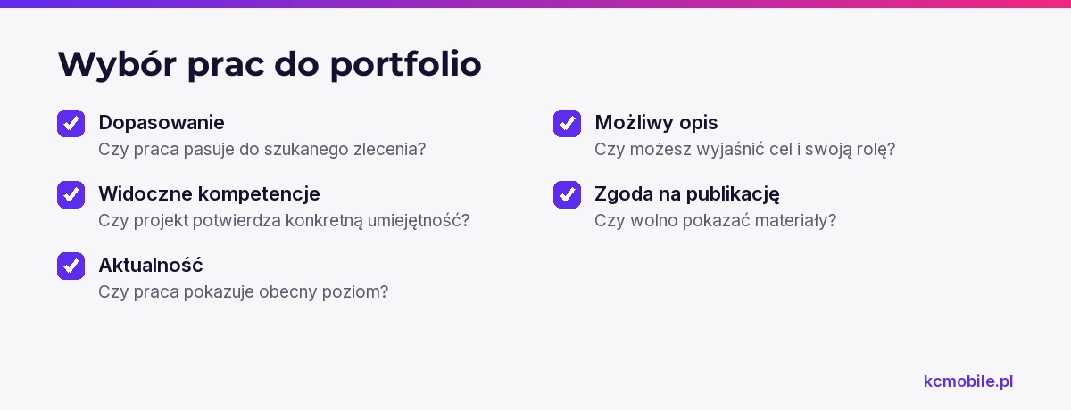 Lista ułatwia selekcję projektów, które pasują do celu zawodowego i pozwalają bezpiecznie opisać własny wkład.