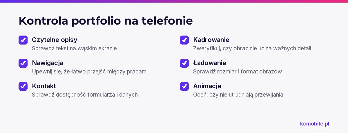 Lista kontroli pozwala ocenić, czy mobilne portfolio zachowuje czytelność, użyteczną nawigację i widoczne szczegóły prac.