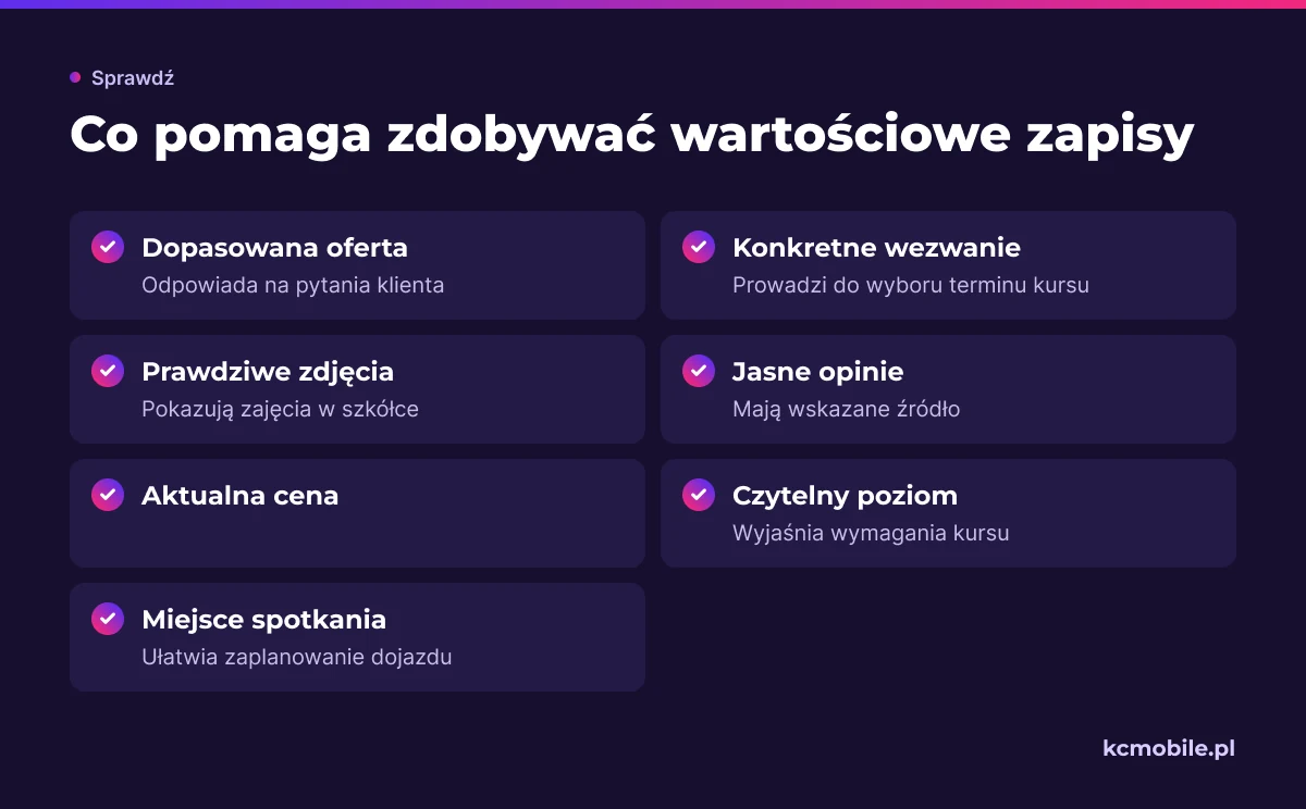 Lista kontrolna zbiera elementy oferty i strony, które pomagają klientowi ocenić kurs oraz przejść do wartościowego zapisu.