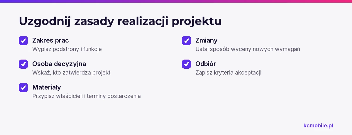 Lista pokazuje, jakie ustalenia zapisać przed rozpoczęciem projektu, aby uporządkować zakres, decyzje, materiały, zmiany i odbiór.