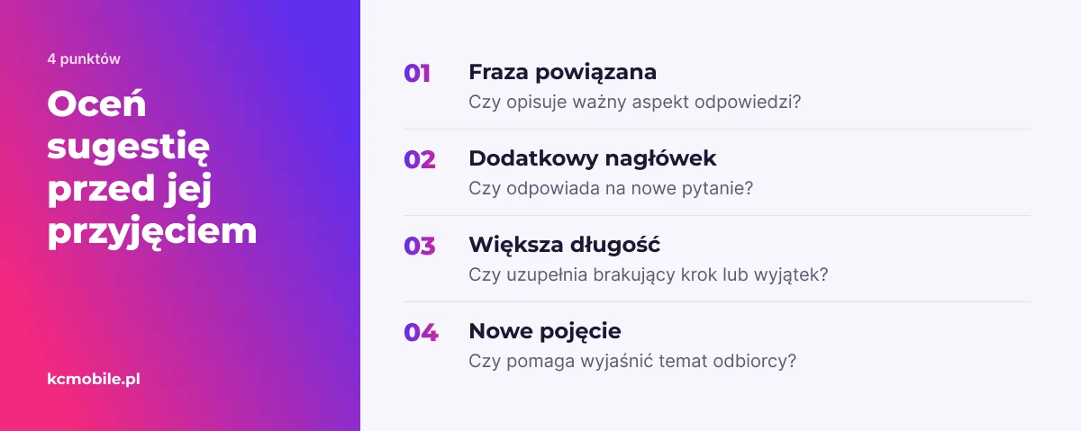 Lista pytań pomaga ocenić, czy sugestia Surfer SEO wnosi wartość dla czytelnika i pasuje do tematu.
