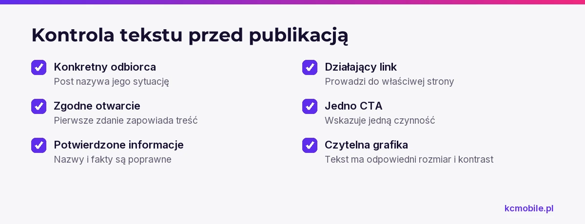Lista pomaga sprawdzić odbiorcę, otwarcie, informacje, link, CTA i grafikę przed opublikowaniem posta w mediach społecznościowych.