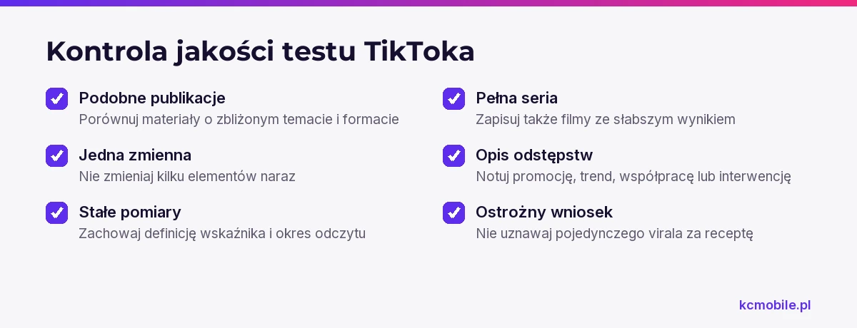 Lista pomaga sprawdzić, czy warunki testu TikToka są porównywalne i czy wniosek nie wynika z pojedynczego filmu.