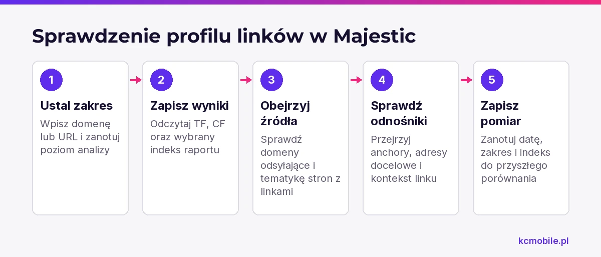 Schemat porządkuje kontrolę profilu od ustalenia badanego adresu i indeksu po sprawdzenie źródeł, anchorów i kontekstu.