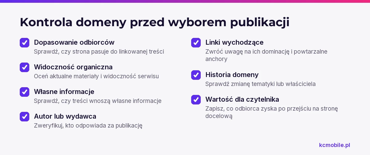 Lista kontrolna pomaga ocenić konkretną stronę publikacji pod kątem odbiorców, treści, widoczności i wartości linku.