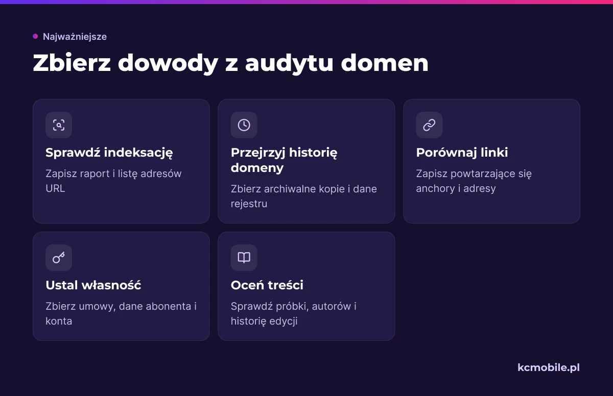 Lista porządkuje dowody do audytu domen, linków, własności i treści, aby ocenić sieć bez pochopnego usuwania użytecznych zasobów.
