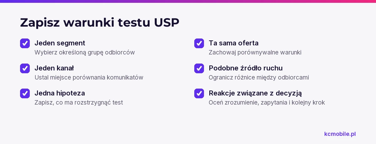 Lista kontrolna porządkuje warunki porównania wariantów USP, by można było ocenić reakcje klientów bez mylenia ich z innymi zmianami.