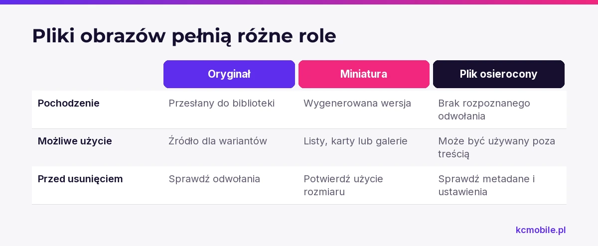 Schemat porównuje oryginał, miniaturę i plik osierocony, aby pokazać, dlaczego sam brak odnośnika w treści nie wystarcza do oceny pliku.