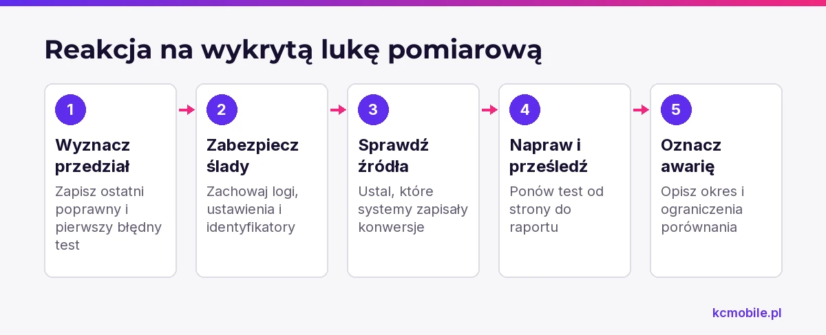 Schemat pokazuje kolejność działań po wykryciu luki, od ustalenia jej przedziału po naprawę i oznaczenie danych w raporcie.