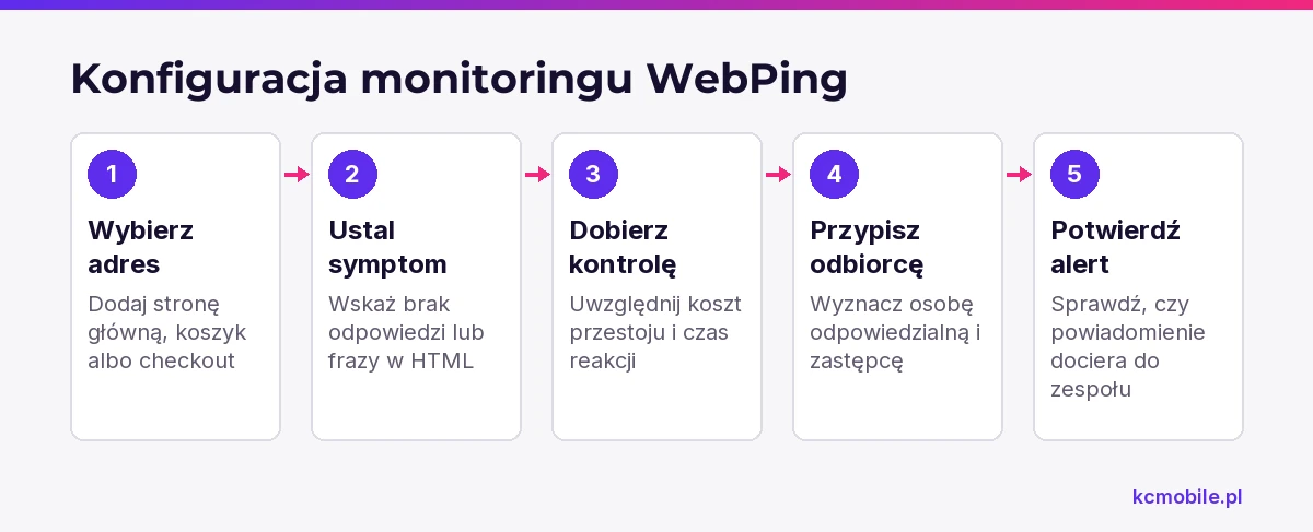 Schemat przedstawia konfigurację monitoringu od wyboru adresu i wykrywanego symptomu po sprawdzenie alertu, aby powiadomienie trafiało do właściwej osoby.
