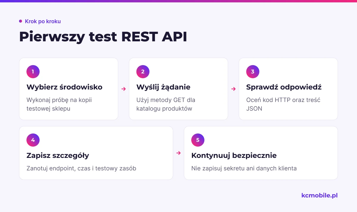 Schemat prowadzi przez bezpieczny test odczytu API i pokazuje, jakie elementy odpowiedzi sprawdzić przed dalszą integracją.