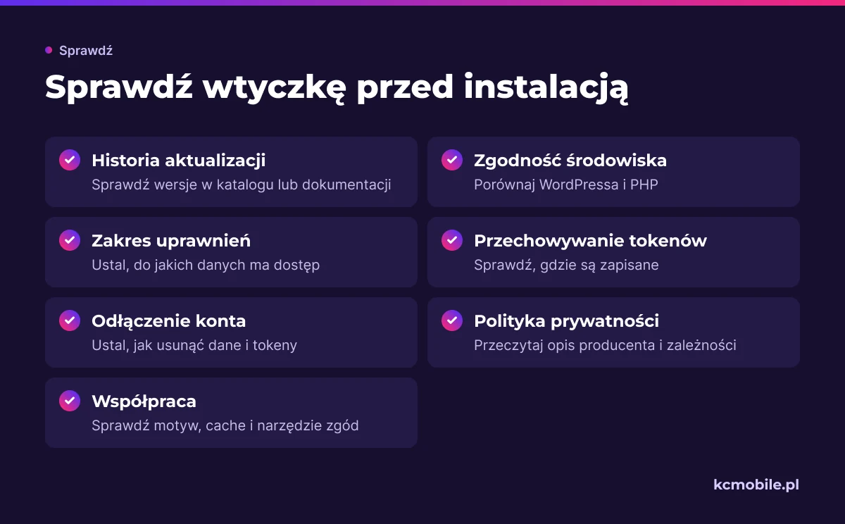 Lista kontroli obejmuje aktualizacje, zgodność, uprawnienia, tokeny i współpracę, by ocenić jakość przed instalacją.