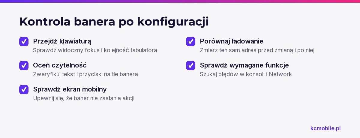 Lista kontrolna obejmuje obsługę klawiaturą, czytelność, ekran mobilny, ładowanie i błędy, by ocenić baner po wdrożeniu.