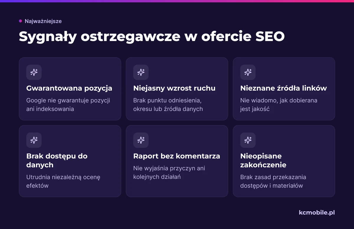 Lista pokazuje obietnice i braki w ofercie SEO, które utrudniają ocenę efektów, danych, linków oraz warunków zakończenia współpracy.