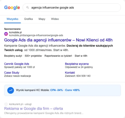 Przykładowa kreacja reklamowa – Google Ads dla agencji influencerów